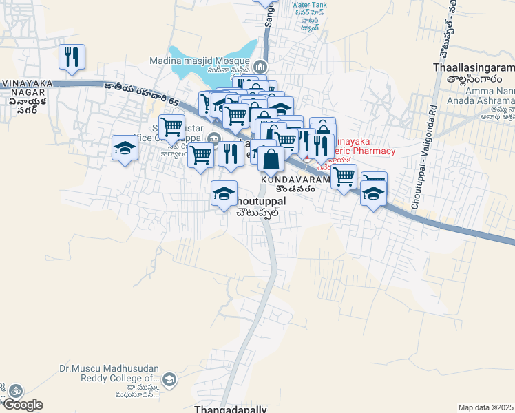 map of restaurants, bars, coffee shops, grocery stores, and more near in Choutuppal