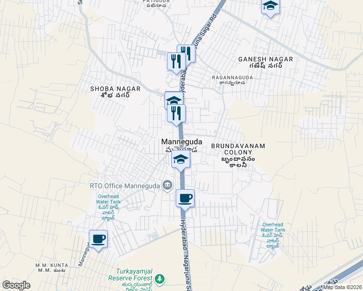 map of restaurants, bars, coffee shops, grocery stores, and more near in Manneguda