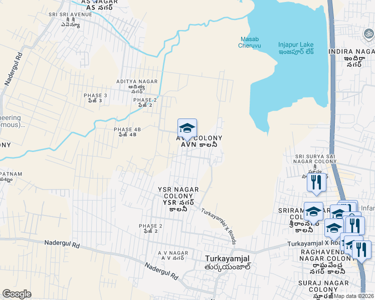 map of restaurants, bars, coffee shops, grocery stores, and more near Turka Yamjal Road in Hyderabad