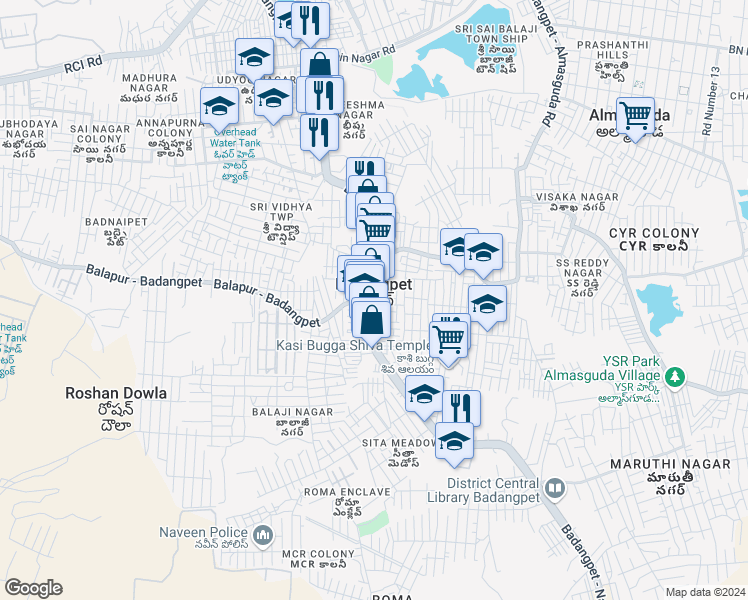map of restaurants, bars, coffee shops, grocery stores, and more near in Badangpet