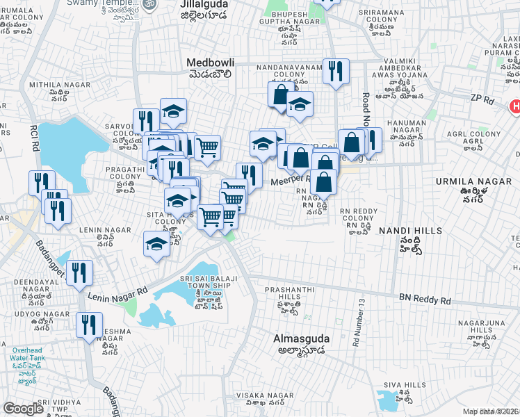 map of restaurants, bars, coffee shops, grocery stores, and more near in Meerpet