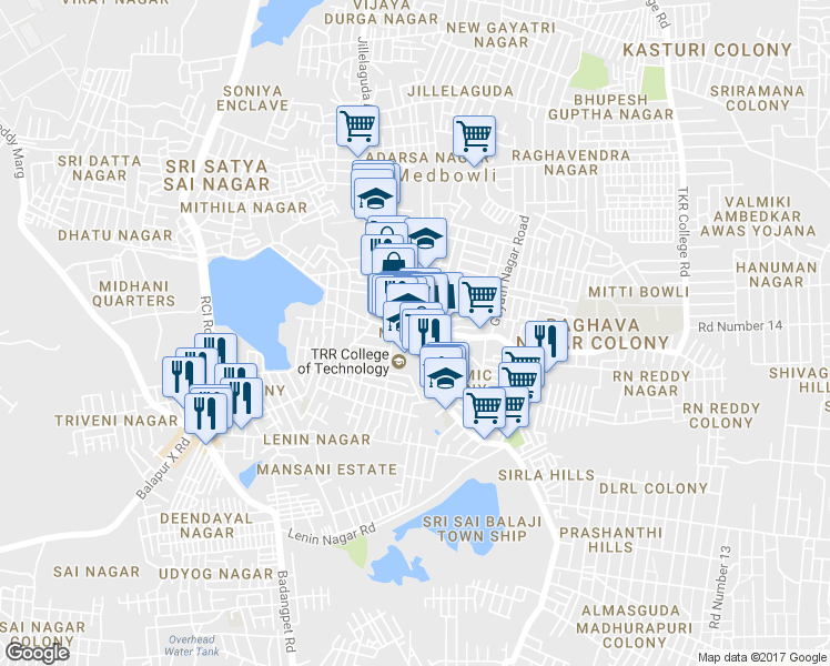 map of restaurants, bars, coffee shops, grocery stores, and more near in Hyderabad