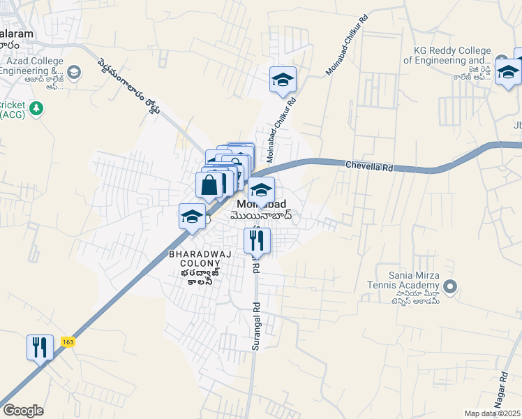 map of restaurants, bars, coffee shops, grocery stores, and more near Chevella Road in Moinabad