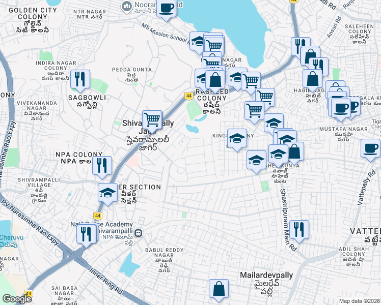 map of restaurants, bars, coffee shops, grocery stores, and more near Unnamed Road in Hyderabad