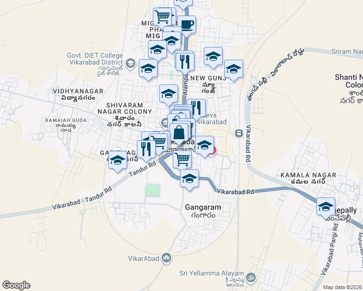 map of restaurants, bars, coffee shops, grocery stores, and more near in Vikarabad