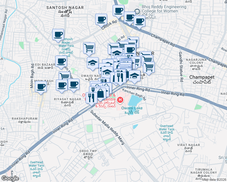 map of restaurants, bars, coffee shops, grocery stores, and more near in Hyderabad