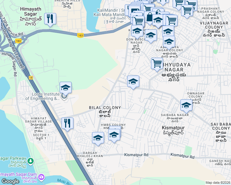 map of restaurants, bars, coffee shops, grocery stores, and more near Kismatpur Road in Hyderabad