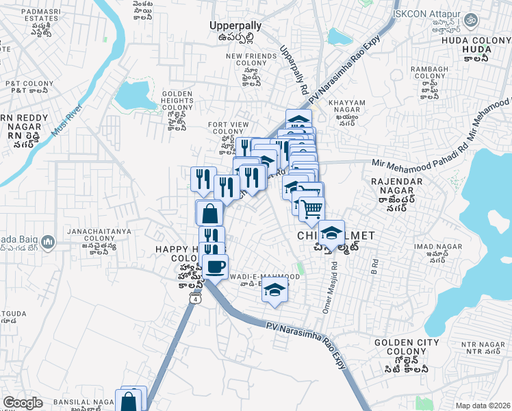 map of restaurants, bars, coffee shops, grocery stores, and more near Mehamood Pahadi Sherif Road in Hyderabad