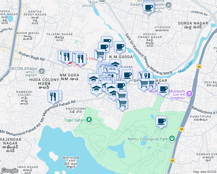 map of restaurants, bars, coffee shops, grocery stores, and more near Mehamood Pahadi Sherif Road in Hyderabad