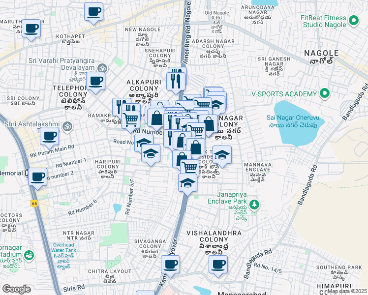 map of restaurants, bars, coffee shops, grocery stores, and more near Road Number 2 in Hyderabad