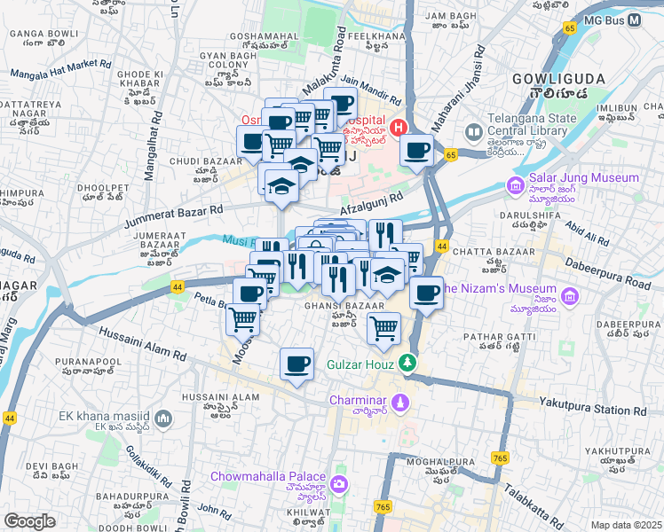 map of restaurants, bars, coffee shops, grocery stores, and more near High Court Road in Hyderabad