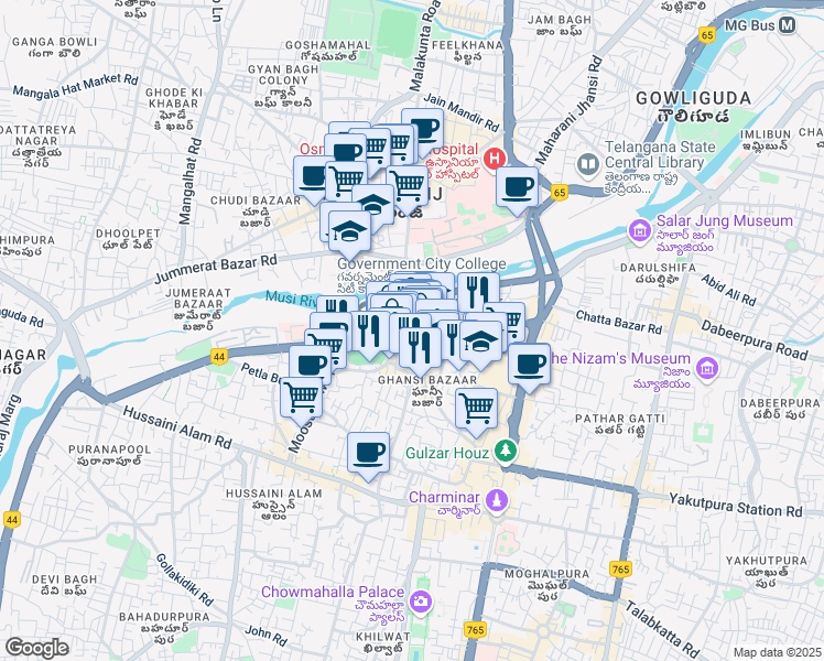 map of restaurants, bars, coffee shops, grocery stores, and more near High Court Road in Hyderabad