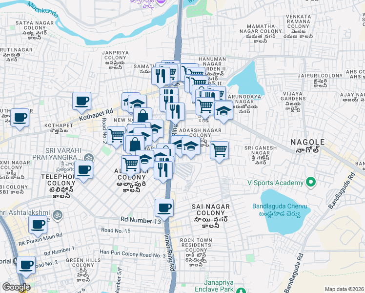 map of restaurants, bars, coffee shops, grocery stores, and more near IRR Service Road in Hyderabad