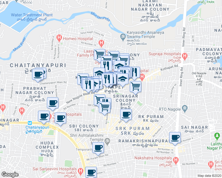 map of restaurants, bars, coffee shops, grocery stores, and more near in Hyderabad