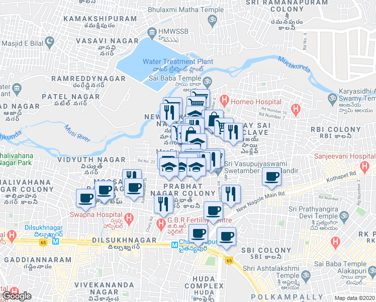 map of restaurants, bars, coffee shops, grocery stores, and more near in Hyderabad