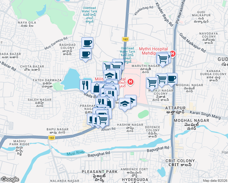 map of restaurants, bars, coffee shops, grocery stores, and more near Langar House Road in Hyderabad
