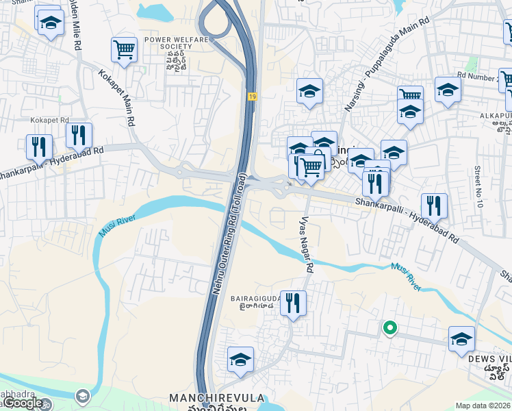 map of restaurants, bars, coffee shops, grocery stores, and more near Narsing-APPA Service Road in Hyderabad