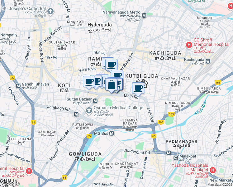 map of restaurants, bars, coffee shops, grocery stores, and more near 401 Main Road in Hyderabad