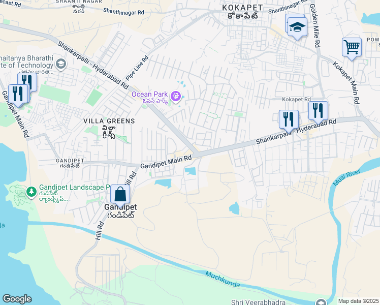 map of restaurants, bars, coffee shops, grocery stores, and more near Gandipet Main Road in Hyderabad