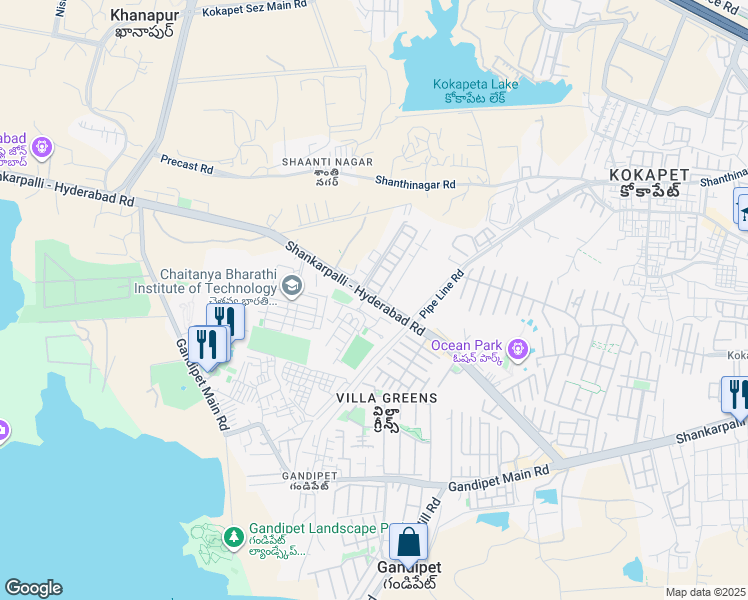 map of restaurants, bars, coffee shops, grocery stores, and more near Gandipet Main Road in Hyderabad