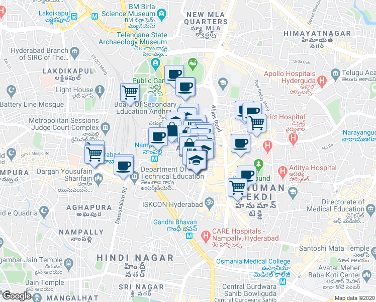 map of restaurants, bars, coffee shops, grocery stores, and more near in Hyderabad
