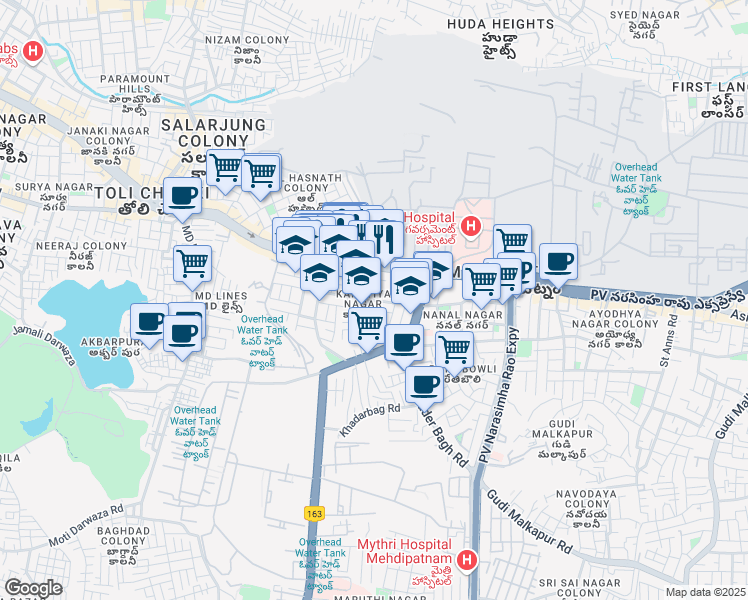 map of restaurants, bars, coffee shops, grocery stores, and more near Kakatiya Nagar Road in Hyderabad