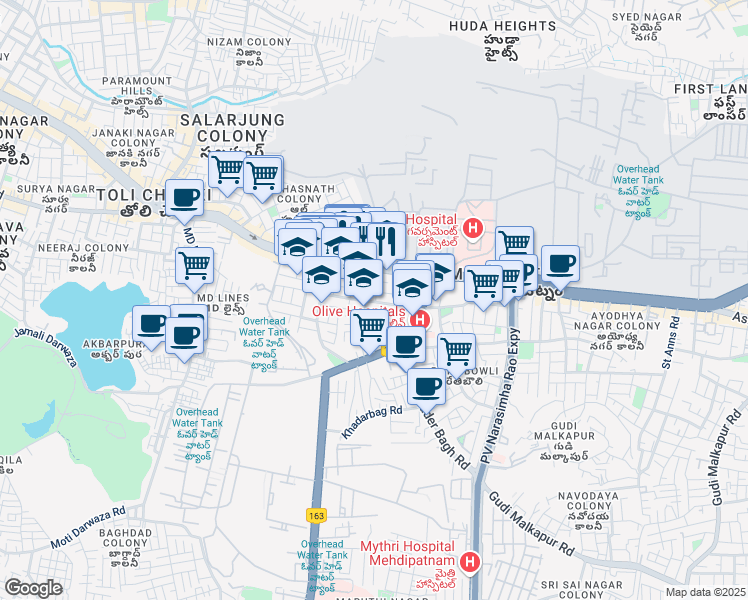 map of restaurants, bars, coffee shops, grocery stores, and more near Kakatiya Nagar Road in Hyderabad