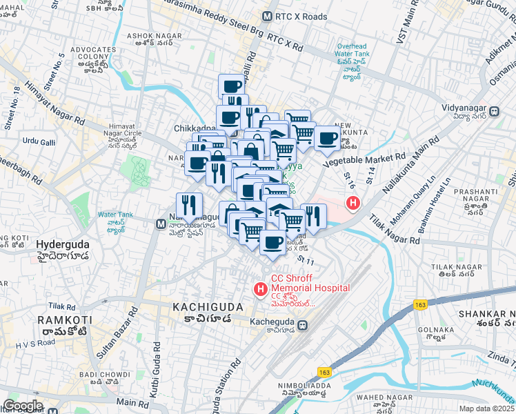 map of restaurants, bars, coffee shops, grocery stores, and more near Narayanguda Old Bridge in Hyderabad