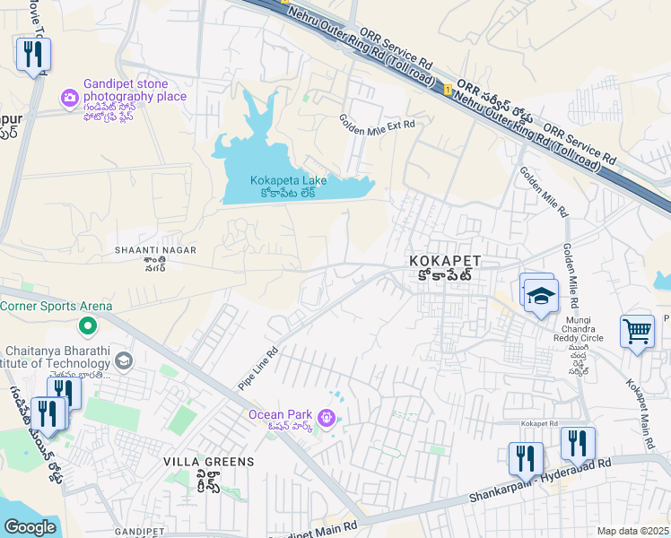 map of restaurants, bars, coffee shops, grocery stores, and more near 14 Shanthinagar Road in Kokapet