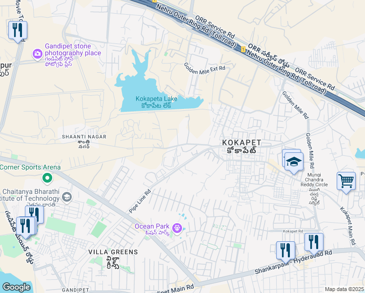 map of restaurants, bars, coffee shops, grocery stores, and more near 14 Shanthinagar Road in Kokapet
