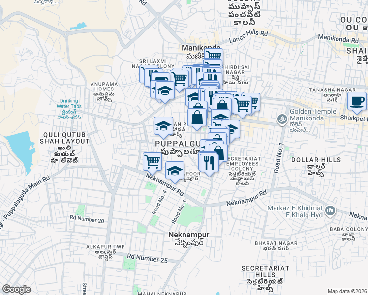 map of restaurants, bars, coffee shops, grocery stores, and more near in Puppalguda