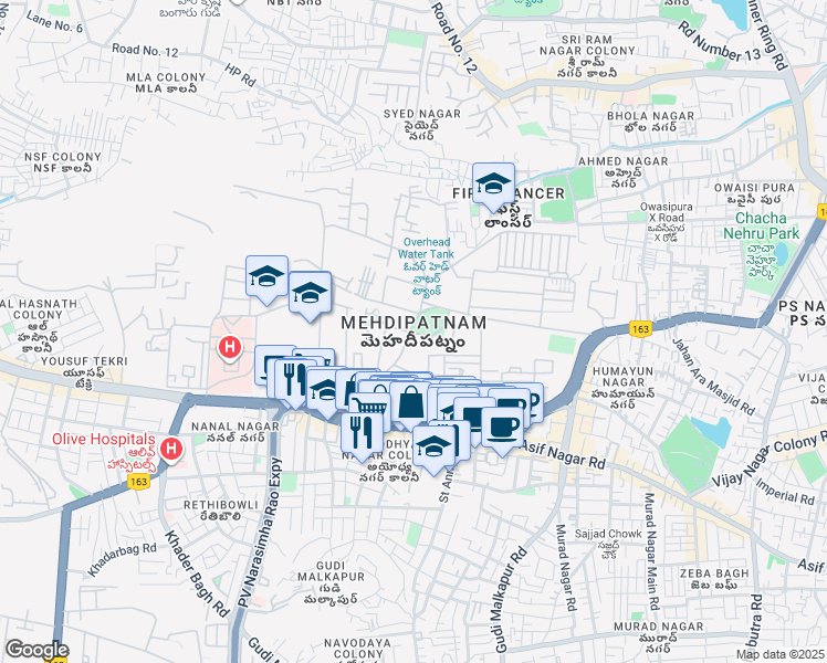 map of restaurants, bars, coffee shops, grocery stores, and more near Unnamed Road in Hyderabad