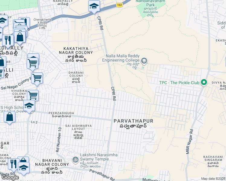 map of restaurants, bars, coffee shops, grocery stores, and more near CPRI ROAD in Hyderabad