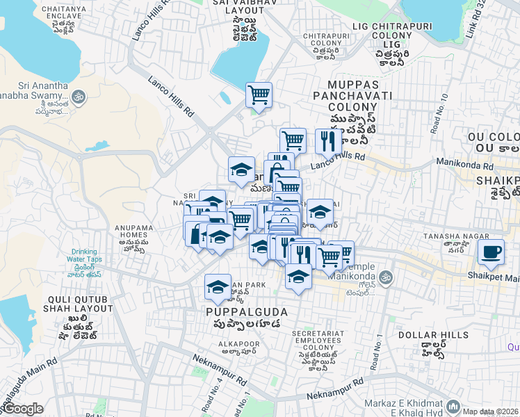 map of restaurants, bars, coffee shops, grocery stores, and more near Shaikpet Main Road in Manikonda