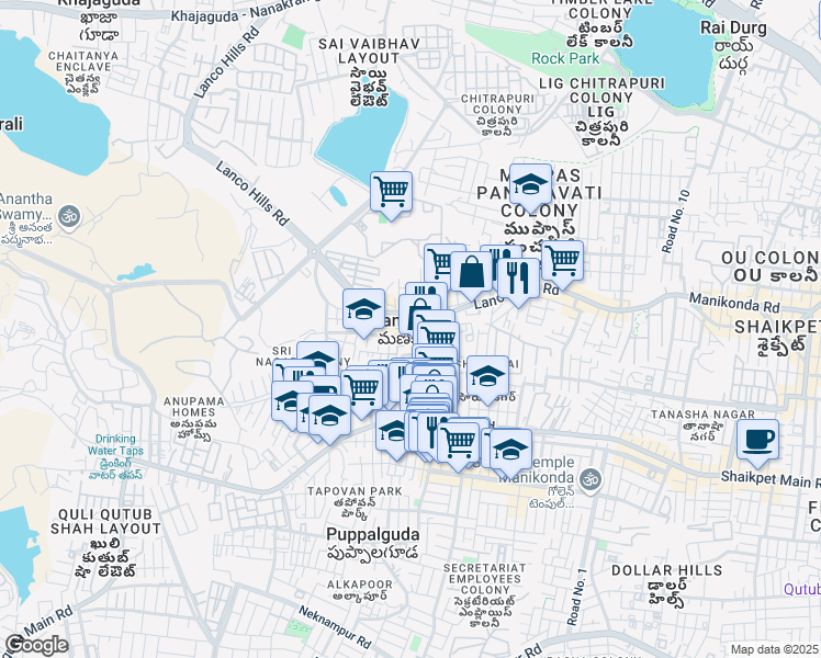 map of restaurants, bars, coffee shops, grocery stores, and more near in Manikonda