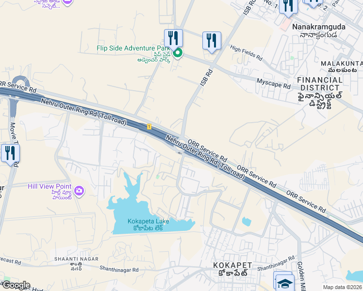 map of restaurants, bars, coffee shops, grocery stores, and more near Nehru Outer Ring Road in Nanakramguda