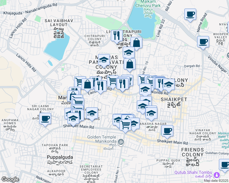 map of restaurants, bars, coffee shops, grocery stores, and more near 99 Lanco Hills Road in Manikonda