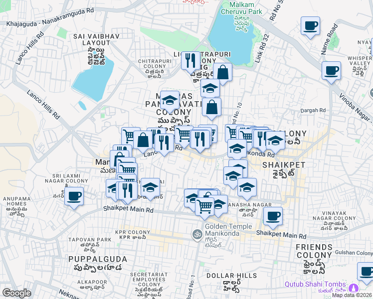 map of restaurants, bars, coffee shops, grocery stores, and more near 99 Lanco Hills Road in Manikonda
