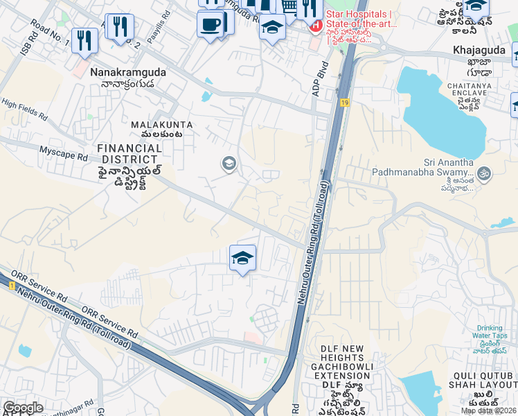 map of restaurants, bars, coffee shops, grocery stores, and more near in Nanakramguda