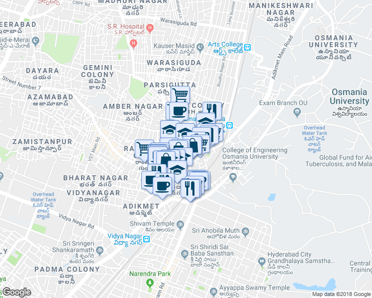 map of restaurants, bars, coffee shops, grocery stores, and more near in Hyderabad
