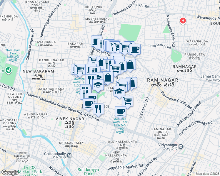 map of restaurants, bars, coffee shops, grocery stores, and more near Street Number 1 in Hyderabad
