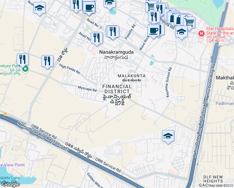 map of restaurants, bars, coffee shops, grocery stores, and more near in Nanakramguda