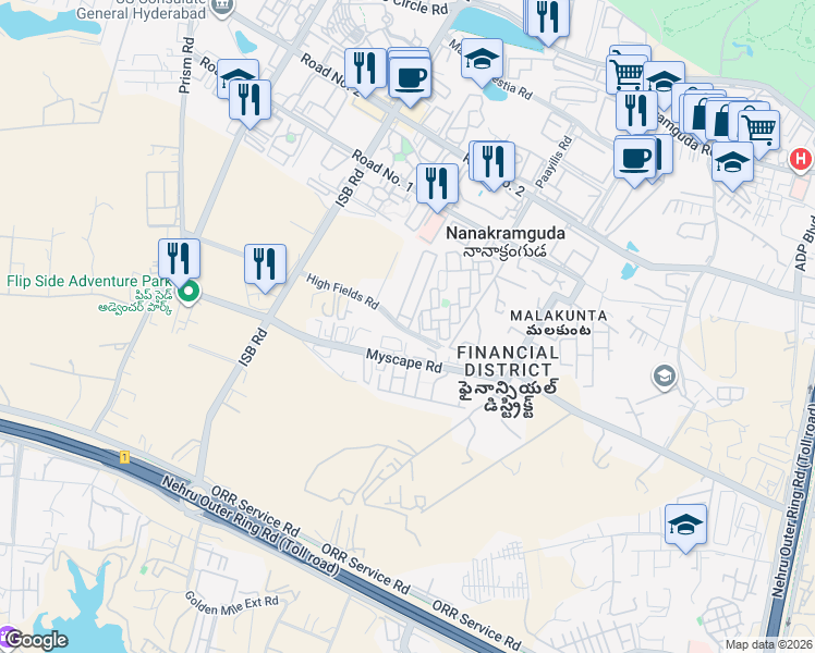 map of restaurants, bars, coffee shops, grocery stores, and more near in Nanakramguda