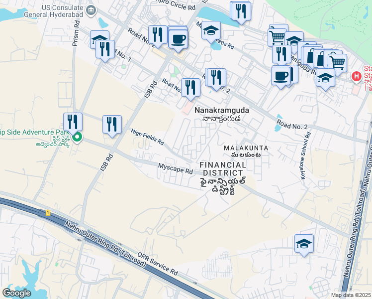 map of restaurants, bars, coffee shops, grocery stores, and more near Unnamed Road in Nanakramguda