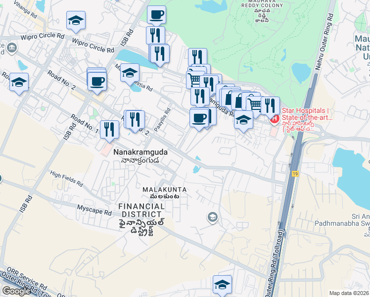 map of restaurants, bars, coffee shops, grocery stores, and more near 115 Road Number 2 in Nanakaramguda