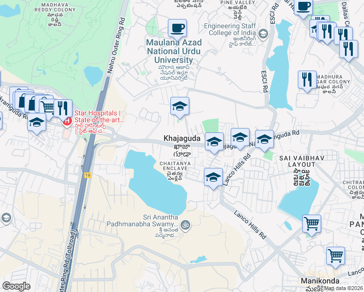 map of restaurants, bars, coffee shops, grocery stores, and more near in Khajaguda