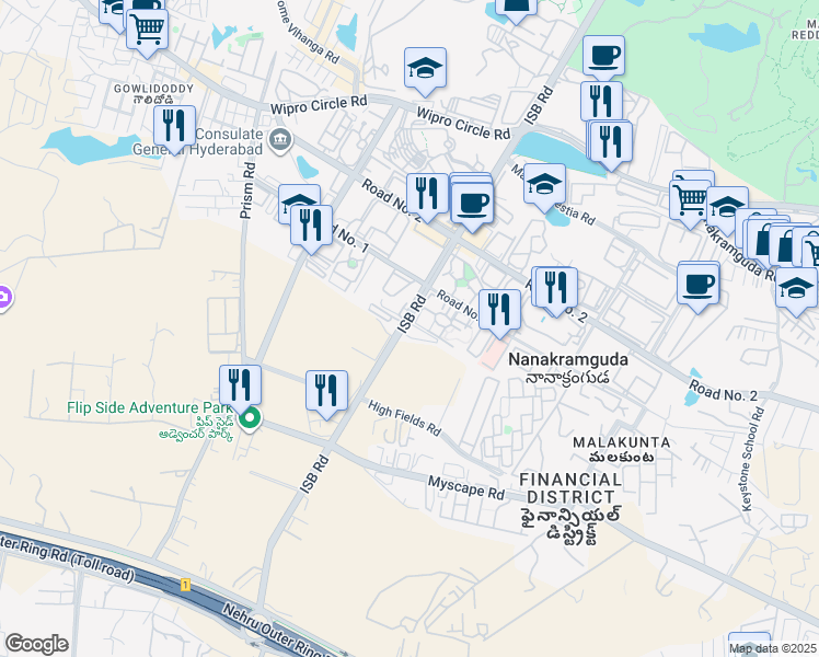 map of restaurants, bars, coffee shops, grocery stores, and more near 115 ISB Road in Nanakramguda