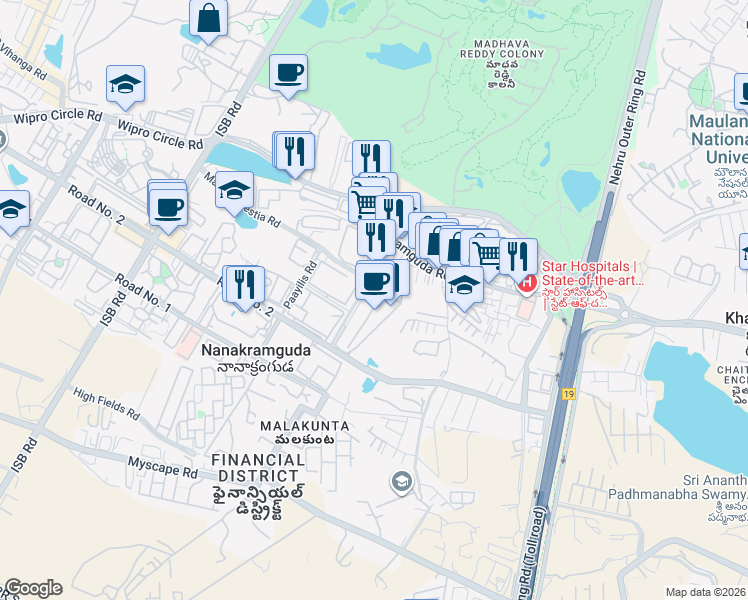 map of restaurants, bars, coffee shops, grocery stores, and more near in Nanakramguda