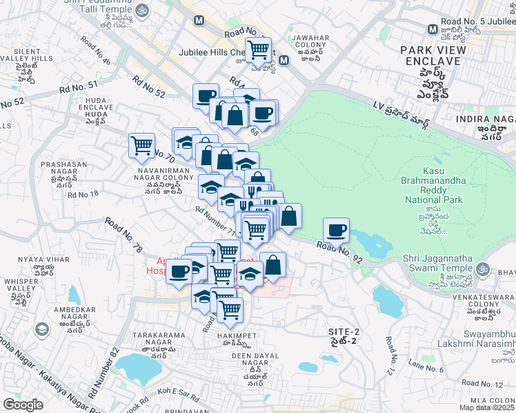map of restaurants, bars, coffee shops, grocery stores, and more near Plot 573 Road Number 1 in Hyderabad