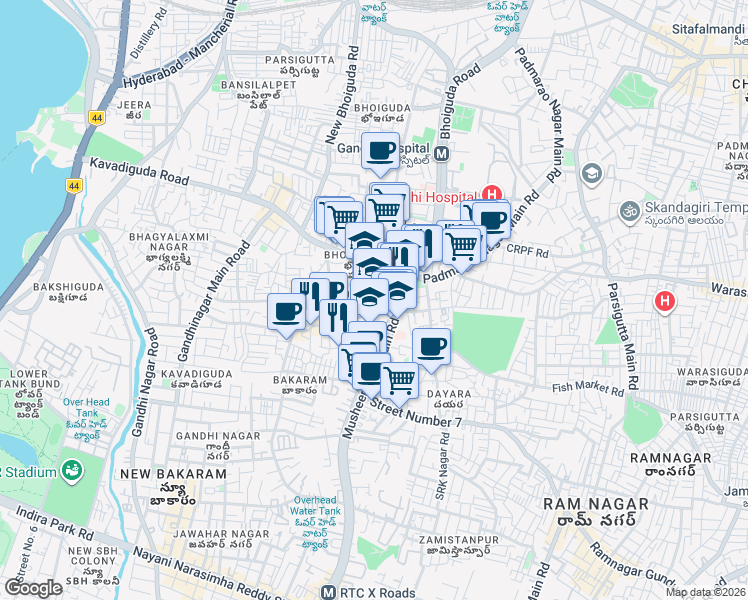 map of restaurants, bars, coffee shops, grocery stores, and more near in Hyderabad